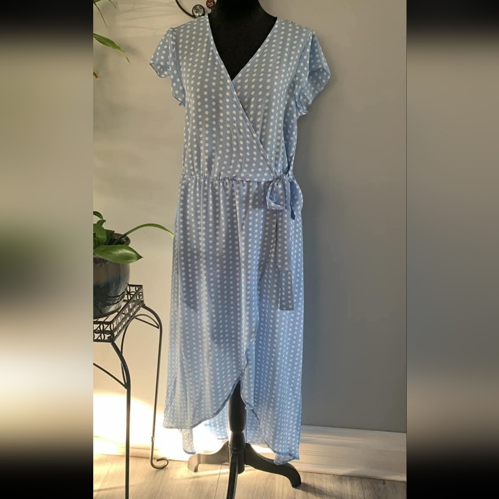 Chic Blue Polka Dot Wrap Midi Dress